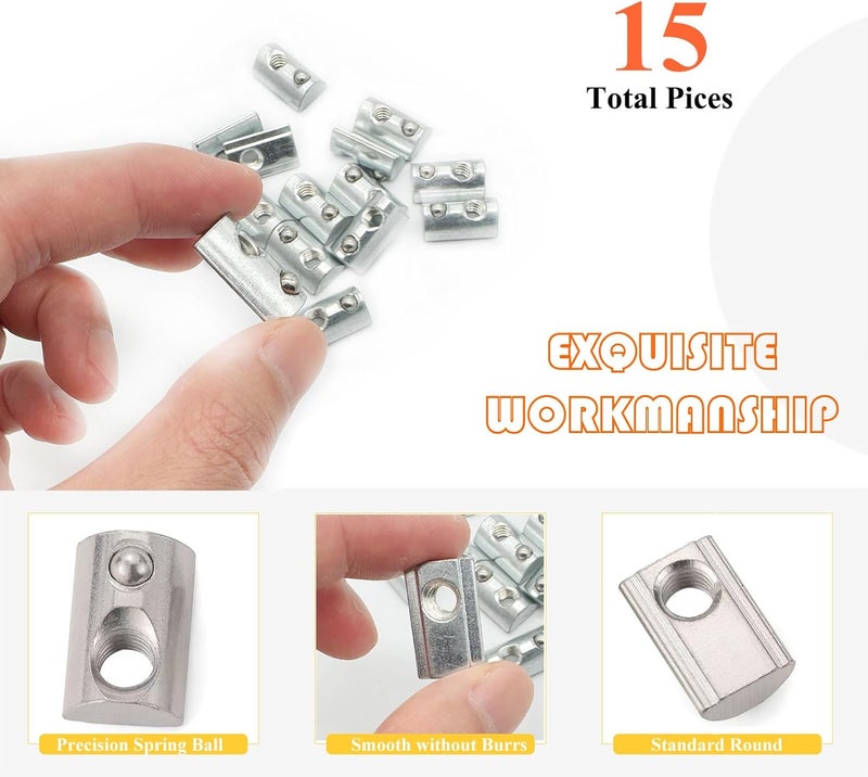 Matrelt 15-Piece 1/4"-20 Spring-Loaded T-Nuts with Ball Bearings Silver Zinc Plated Carbon Steel Spring T Slot Nut for 4040 Series/Slot 8 Aluminum Extrusions - Image 4